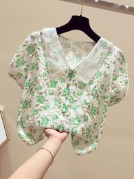 Women's Blouses Chiffon Blouse Women Fashion Shirt Doll Collar Embroidered Floral Girlish Short Sleeve Janpenese Style Cute Button