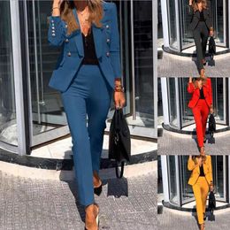 Women's Suits Blazers Suit Set Solid Color Fake Flap Pockets Two-piece Lapel Buttons Jacket Pencil Pants Women Dress Blazer Wedding 230322