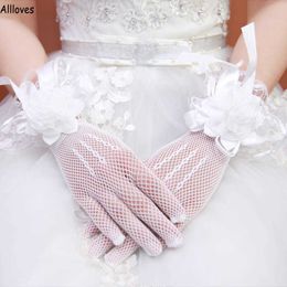Fashion Elegant Ivory/Red Full Finger Wedding Gloves For Bride With Handmade Flower Ribbon Bridal Gloves Mesh Women Accessories CL2068