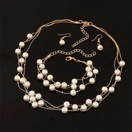 Pendant Necklaces YAOLOGE Multilayer Pearl Jewellery Set For Women Luxury 2Color Fashion Grils Necklace Bracelet Earrings 3Piece Set Wedding Gift Z0321