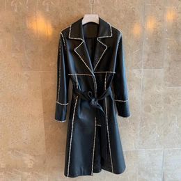 Women's Leather Black Colour Coat Spring Women X-Long Length Imported Zealand Sheepskin Clothes With Belt Set Auger Decoration