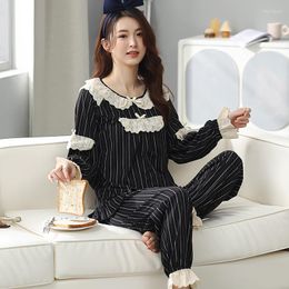 Women's Sleepwear Princess Lace Pajamas For Young Girls Autumn Spring Pure Cotton Striped O-Neck Long Sleeve Pyjamas Female Home Suit