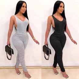 Women's Jumpsuits Sexy Backless V-neck Pleated Slim Fit Lady Pants Plus Size Black White European And American Women Clothes