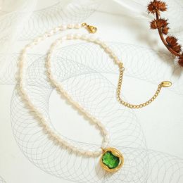 Pendant Necklaces Green Zircon Crystal Charm Natural Freshwater Pearl Necklace Irregular Rice Baroque Strand Choker Wedding Jewelry