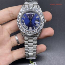 Full Diamond Mens Watch Automatic Mechanical Watches For Men 43mm Blue Face Stainless Steel 904L Waterproof WristWatch