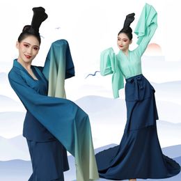 Vintage Stage wear Chinese Classical National Dance Costume Traditional Women Water Sleeve Hanfu oriental Fan Dancing Outfit
