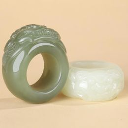 Cluster Rings 7A Real Green Jade Hetian Ring Men's Hand-carved Brave Troops Exquisite Jadite Men Jewelry