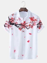 Mens Casual Shirts Men Clothing Summer Mens Casual Ink Painting Plum Short Sleeve Shirts Beach Shirts for Men 230323