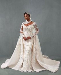 Luxury Mermaid Wedding Dresses Long Sleeves V Neck Halter Appliques Sequins Beaded Detachable Train Diamonds 3D Lace Floor Length Lace Bridal Gowns Custom Made