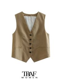 Women's Tanks Camis TRAF Women Fashion Front Buttons Linen Cropped Waistcoat Vintage V Neck Sleeveless Female Outerwear Chic Vest Tops P230322