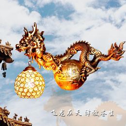 Wall Lamp Chinese Style Golden Resin Dragon And Phoenix Pair With Crystal Decorative Iron Shade Sconce Background For Hall