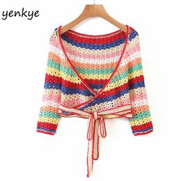 Women s Two Piece Pants Multicolor Striped Crochet Crop Top Women Cross V Neck Short Sleeve Knit Sexy Wrap Femme Summer Boho s blusas LJPZ9279 230322