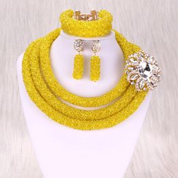 Necklace Earrings Set DODU African Jewelry For Women Lemon Yellow With White Brooch 2023 Nigerian Wedding Jewellery