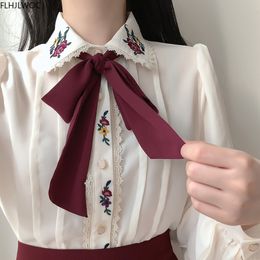 Women s Blouses Shirts Retro Vintage Embroidery Bow Tie Tops Autumn Basic Wear Elegant Formal Single Breasted Button Solid White 230322