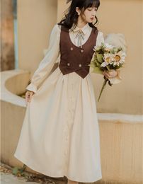 Casual Dresses Retro European Style Cow Girl Outfit Cottagecore Long Sleeve Casual Vintage Women Midi Dresses Mori Girl Vestido Mujer 230323