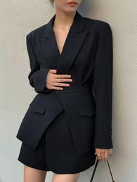 Two Piece Dress Women 2 Pieces Black Blazer Suits Chic Office Ladies Waist Cover Split Mini Skirt 2023 Spring Fashion 2pc Elegant Sets