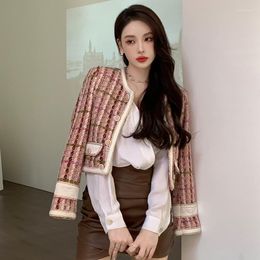 Women's Jackets JSXDHK 2023 Autumn Winter Plaid Tweed Tops Elegant Fashion Women Pink Single Breasted Weave Woollen Ladies Chic Coat