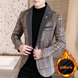 Men's Suits & Blazers Autumn And Winter Plus Velvet Small Suit Korean Style Self-cultivation Trend Single Western Casual Thick Plaid Woollen