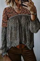 Women's Blouses Leopard Patchwork Long Sleeve Top For Women