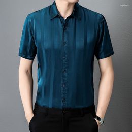 Men's Casual Shirts 2023 Summer White Striped Real Silk Shirt For Mens Short Sleeves Blouse Dark Blue Business Husband Clothing Large Size