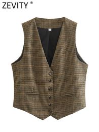 Women's Vests Zevity Women Vintage V Neck Houndstooth Print Breasted Slim Short Vest Jacket Ladies Sleeveless Casual WaistCoat Tops CT3053 230322