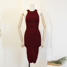 Casual Dresses Sleeveless Knit Dress Woman Halter Neck Off Shoulder Knitwear Ladies Stretch Midi Tight Sexy Bag Hip Bodycon