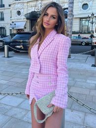 Women s Two Piece Pants Shorts Set s Outfits Elegant Houndstooth Tweed Set Cropped Blazer And High Waist Skort False Bejeweled Button 2 Suit 230322