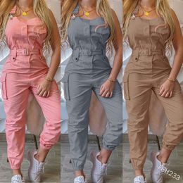 Women's Jumpsuits Rompers Women's Bib Pants Overalls Sleeveless Adjustable Straps Cargo Jumpsuit Beam Foot Romper Trousers with Belt 230322