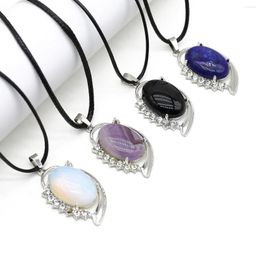 Pendant Necklaces Natural Stone Oval Wrapped Metal Alloy Necklace Agate Opal Leather Rope Chain Charm Women Jewellery