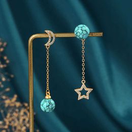 Charm Vintage design crystal stars and moon asymmetric Eardrop Ancient gold craft inlaid Turquoise tassels earrings for women Jewellery Z0323