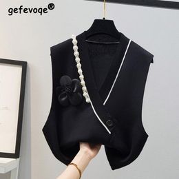 Women's Vests Spring Autumn Fashion V-neck Elegant Chic Beads Sleeveless Knitted Sweater Vest Casual Street Solid Loose Pullovers Top Female 230322