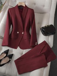 Women's Two Piece Pants High Quality Office Ladies Pant Suit Red Orange Black Green Women Business Work Wear Blazer Jacket Trouser Formal 2