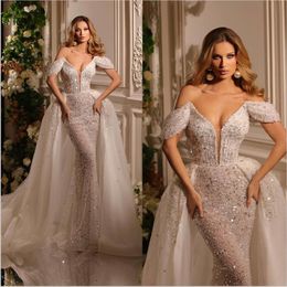 Elegant Mermaid Wedding Dress Luxury Off Shoulder Beading Sequined Short Sleeve Bridal Gowns Bride Dresses