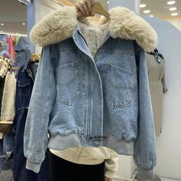 Women's Jackets 2023 Winter Thick Warm Women Fleece Lining Denim Big Fur Collar Female Short Jeans Coats B263