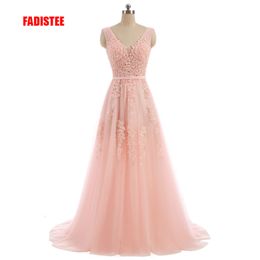 Party Dresses FADISTEE Vestido De Festa Sweet pink Lace V neck Long Evening Dress Bride Sexy Backless beads pearls Prom lace up 230322