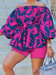 Women's Jumpsuits Romper Summer Matching Set Loungewear Slash Neck Three Quarter Puff Sleeve Short 2PCS Outfit Hollow Out Printed Suits Streetwear 230322