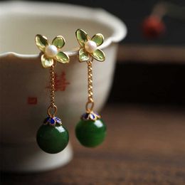 Charm Original design Natural Hetian jasper Eardrop Chinese enamel pearl fresh flowers earrings for women engagement Jewellery Z0323