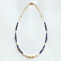 Choker Man Women Trend Charm Irregular Pearl Blue Natural Stone Beaded Creative Design Gold-color Spacer Decorative Necklace