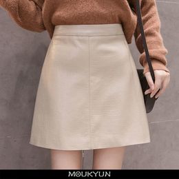 Skirts MOUKYUN Winter Women s Leather Korean High waisted Short Classic A line Pu Faux Mini with Apricot 230322