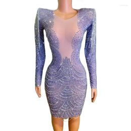 Stage Wear Women Sexy Silver Rhinestones Chains Transparent Dress Birthday Celebrate Club Costume Prom Party Dance Show