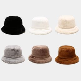Retro Faux Rabbit Fur Bucket Hat Women Winter Warm Panama Hats Outdoor Sunscreen Sun Cap Lady Gift HCS255