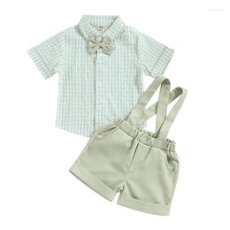 Clothing Sets SUNSIOM Kids Boys Summer Clothes Plaid Short Sleeve Turn-Down Collar Bow-Tie Shirts Tops Straps Shorts Overalls Gentlemen 2Pcs