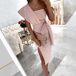 Casual Dresses Women's Eleagnt Office Dress Fashion Sexy One Shoulder Ruffle Bodycon Midi Cocktail Dress Solid High Slit Bodycon Dresses P230322