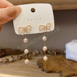 Korean Luxury Crystal Bowknot Long Tassel Earrings for Women Bridal Pearl Dangle Earrings Party Wedding Jewellery Gifts