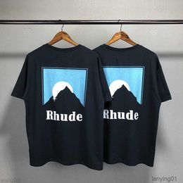 1ss High Quality Rhude T-shirt Snow Mountain Snake Printed Street Men Short Sleeve Streetwear