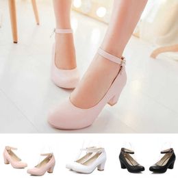 Dress Shoes LIN KING New Women Pumps Solid Buckle Round Toe Lolita Shoes Square Heel Ankle Strap Shoes High Heel Platform Shoes Plus Size AA230322