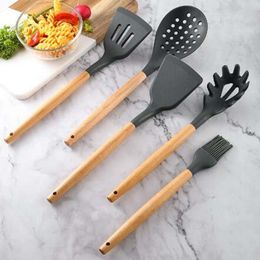 1PC Silicone Wood Soup Spoon Spatula Brush Scraper Grey Oil Brush Kitchen Cooking Tools Kitchenware Utensils Cookware