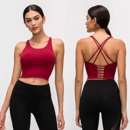 2024 lu lu lemens Color Solid Cross Thin Straps Yoga Tank Top Classic Sports Bra Women Fitness Vest Small Sling Training Clothes With Removable Cups Sexy Underwear