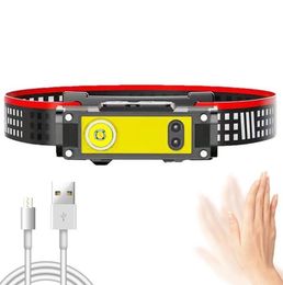 Outdoor Smart sensor Headlamp flashlight Waterproof USB Rechargeable Led COB headlight 6 lights mode White red Light Headlamps for Cycling Running Camping