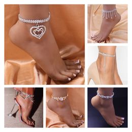 Bling Bling Heart Chain Anklet for Women Tassel Flower Charm Pendant Boho Sexy Shiny Rhinestone Jewellery Iced Out Full Diamond Rock Bracelet Bikini Beach Party Gifts